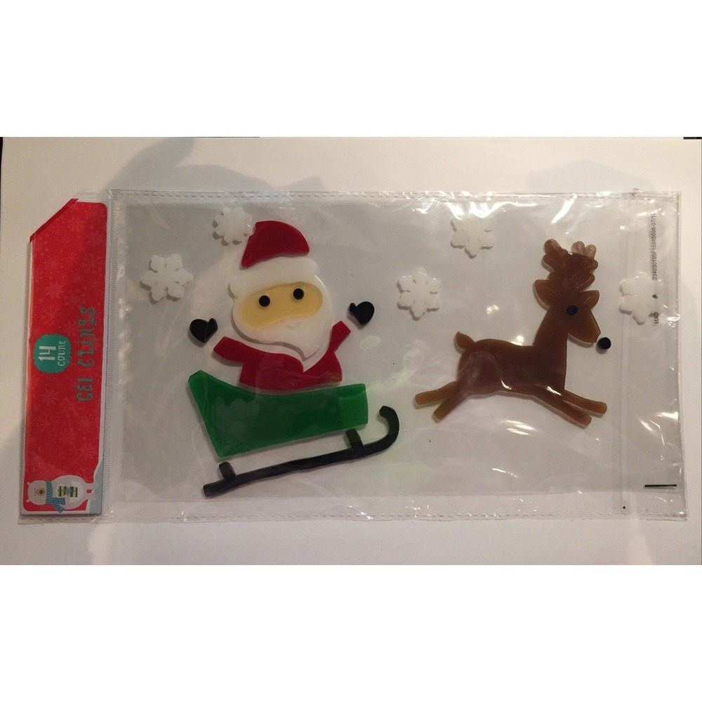 NEW Christmas Santa, Sleigh & Reindeer Snowflakes window Gel Clings 14 pcs Decor